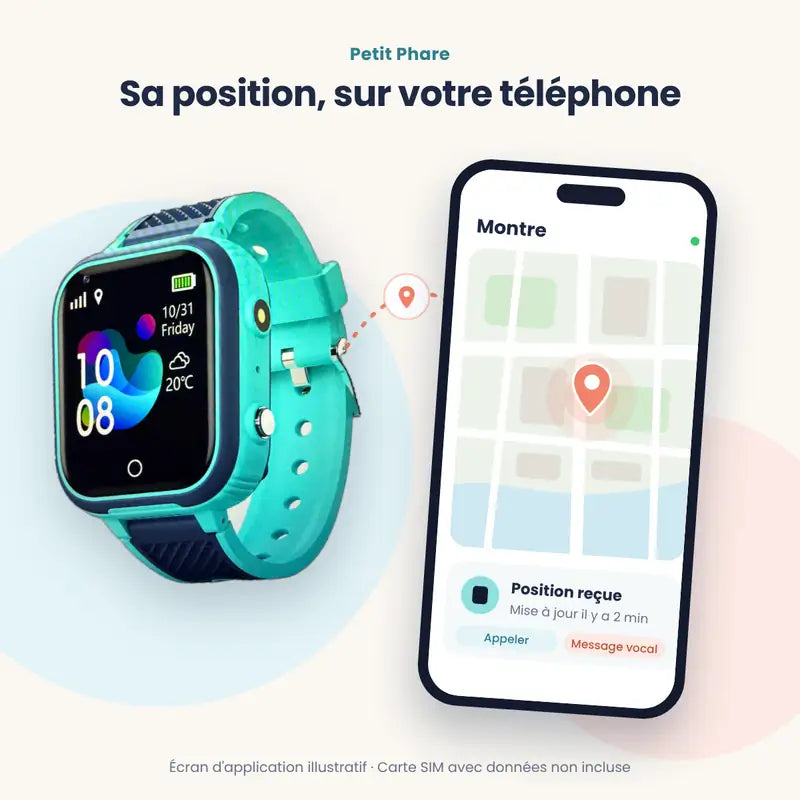 Montre Phare Watch bleu très clair et téléphone affichant sa position sur une carte (écran d'application illustratif)