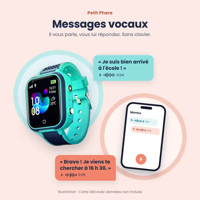 Messages vocaux : l'enfant envoie un vocal depuis la montre Phare Watch, le parent répond depuis son téléphone (illustration)